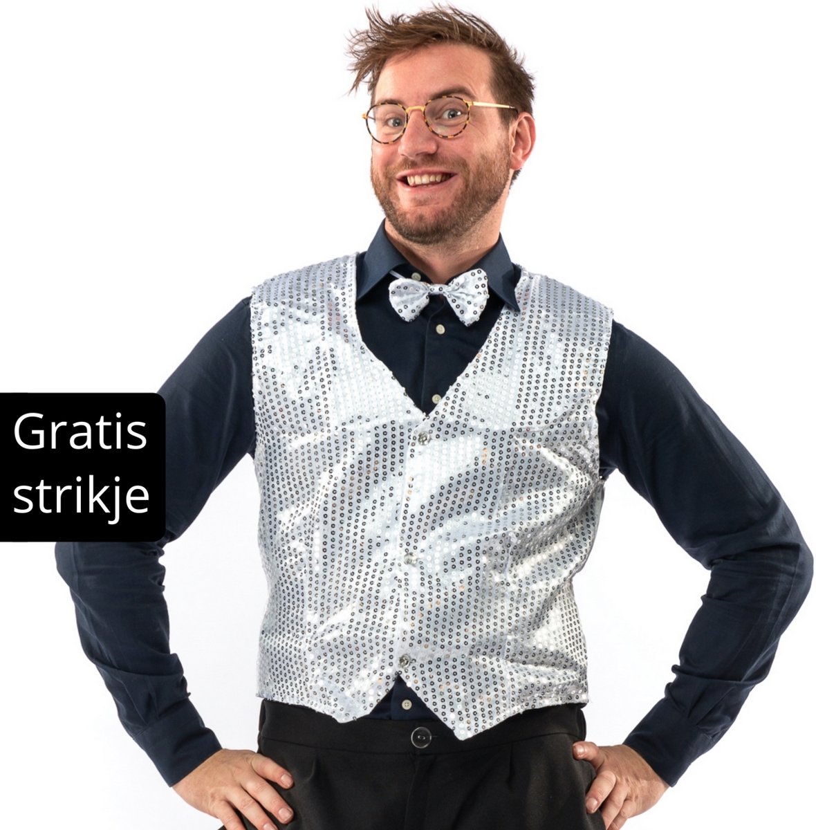 Glitter & Glamour Kostuum | Showman Cocktail Gala Glitter Vest Met Dasje Zilver | Large | Kerst | Verkleedkleding